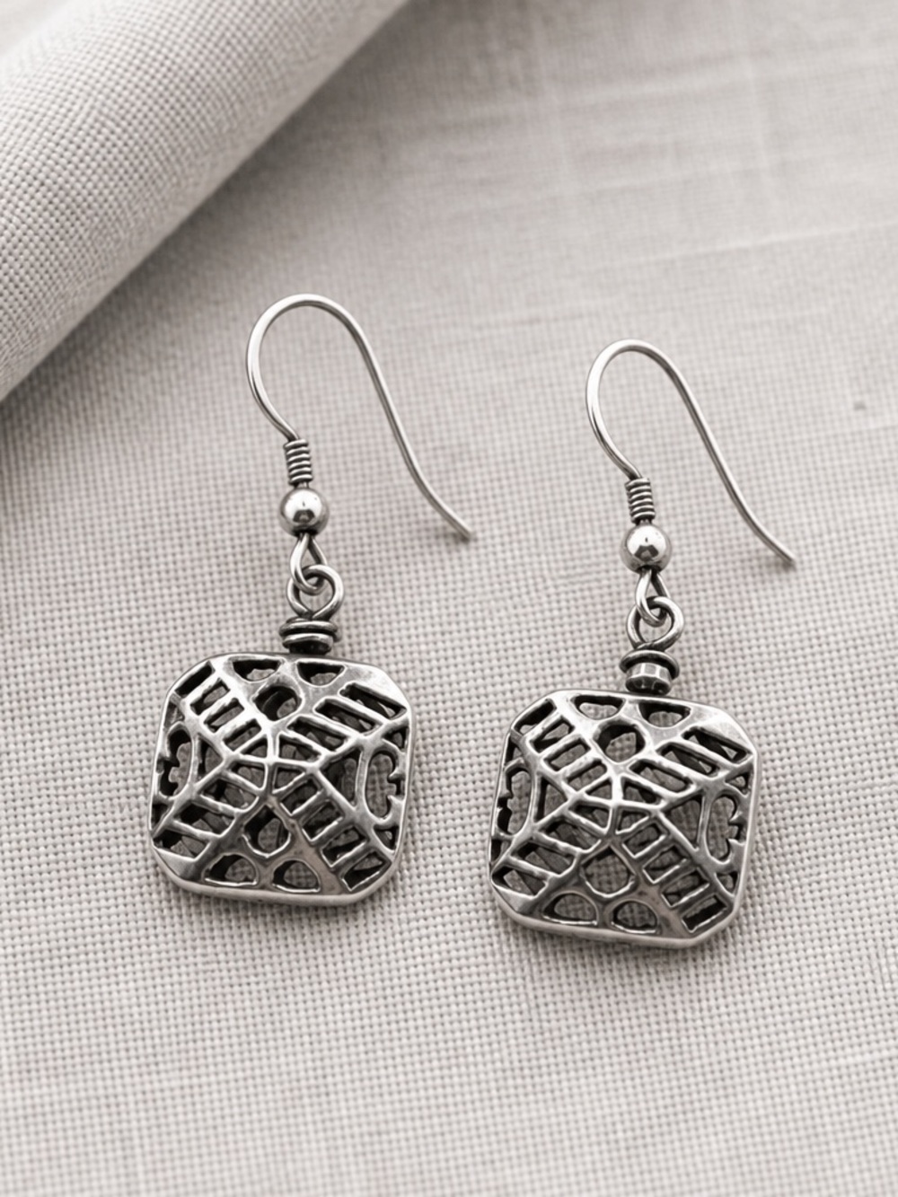 Sterling Silver Filigree Square Dangle Earrings